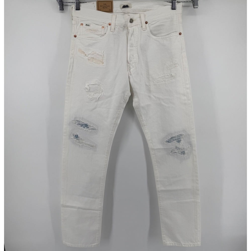 Polo Ralph Lauren Jeans Mens 30x30 White Sullivan Slim Distressed Ripped Patched